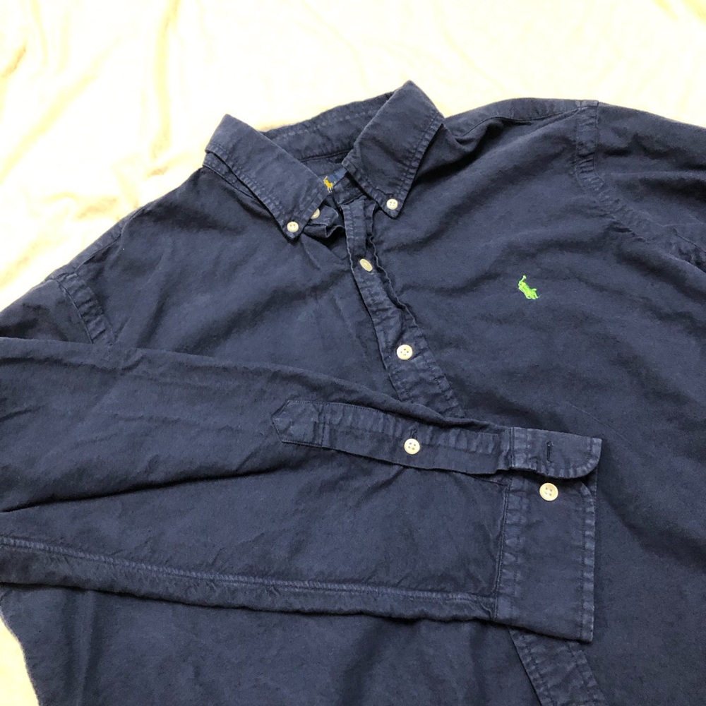 Ralph Lauren Navy Blue Buttondown Shirt Green Embroidered Pony 100% Cotton